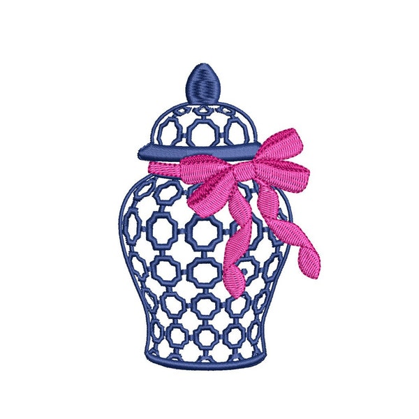 Chinoiserie Ginger Jar Bow 4inch Machine Embroidery Design Digital Download | Lovesome Embroidery
