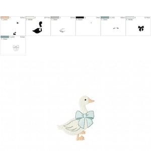 May include: Embroidered design of a white goose with a light blue bow. The design is 2.06 inches wide and 2.44 inches tall.