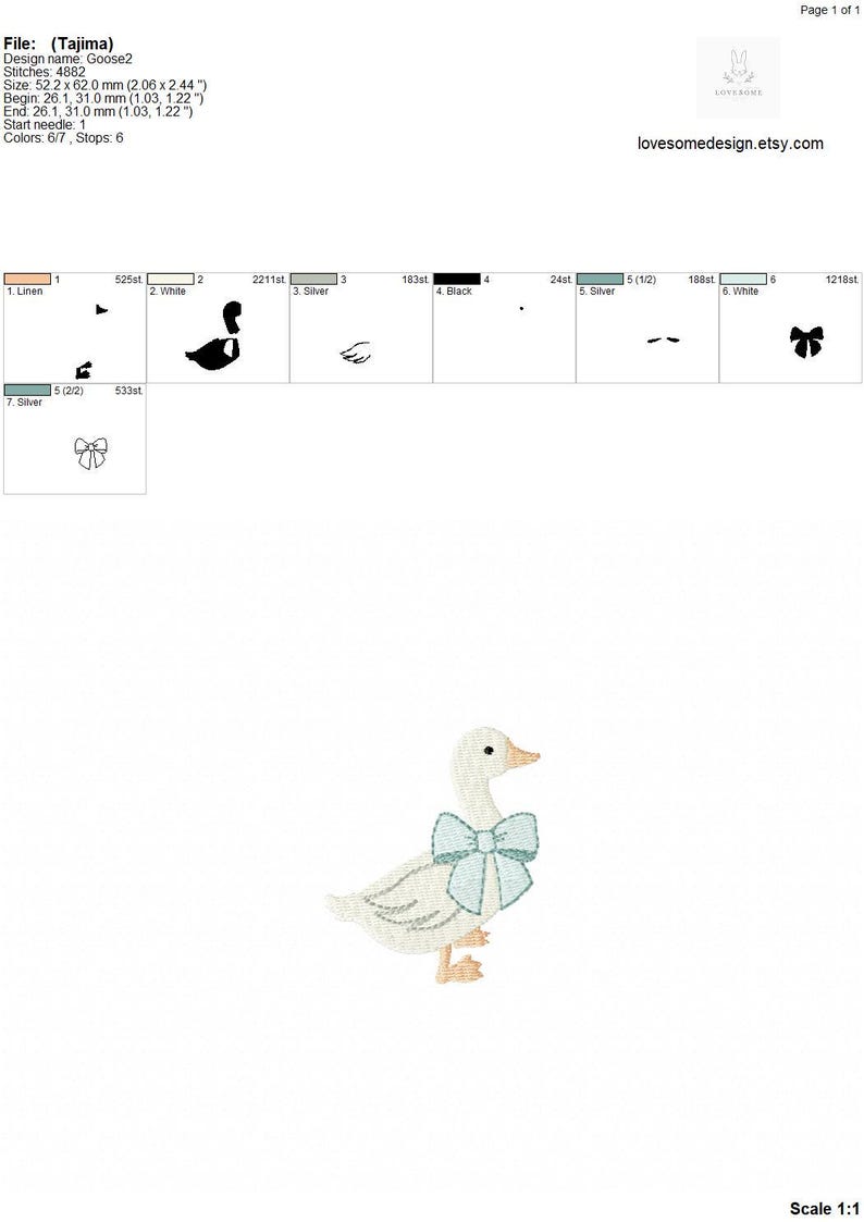 May include: Embroidered design of a white goose with a light blue bow. The design is 2.06 inches wide and 2.44 inches tall.