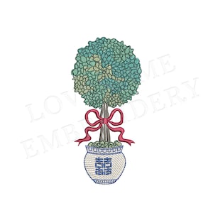 Chinoiserie Topiary 4X4 Embroidery Design, Chinoiserie Chic Topiary in a Pot with Bow Digital Download | Lovesome Design