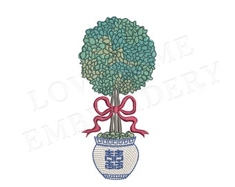 Chinoiserie Topiary 4X4 Embroidery Design, Chinoiserie Chic Topiary in a Pot with Bow Digital Download | Lovesome Design