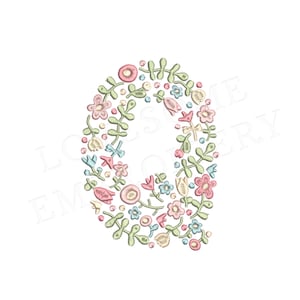NUEVA letra floral Q 4 pulgadas diseño de bordado de máquina letras de flores delicadas en colores primaverales descarga digital / diseño encantador