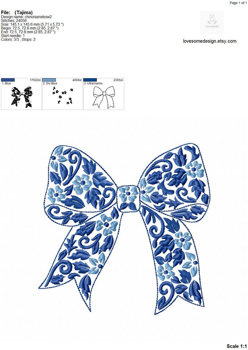 Chinoiserie Bow 6inch Machine Embroidery Design Digital Download ...