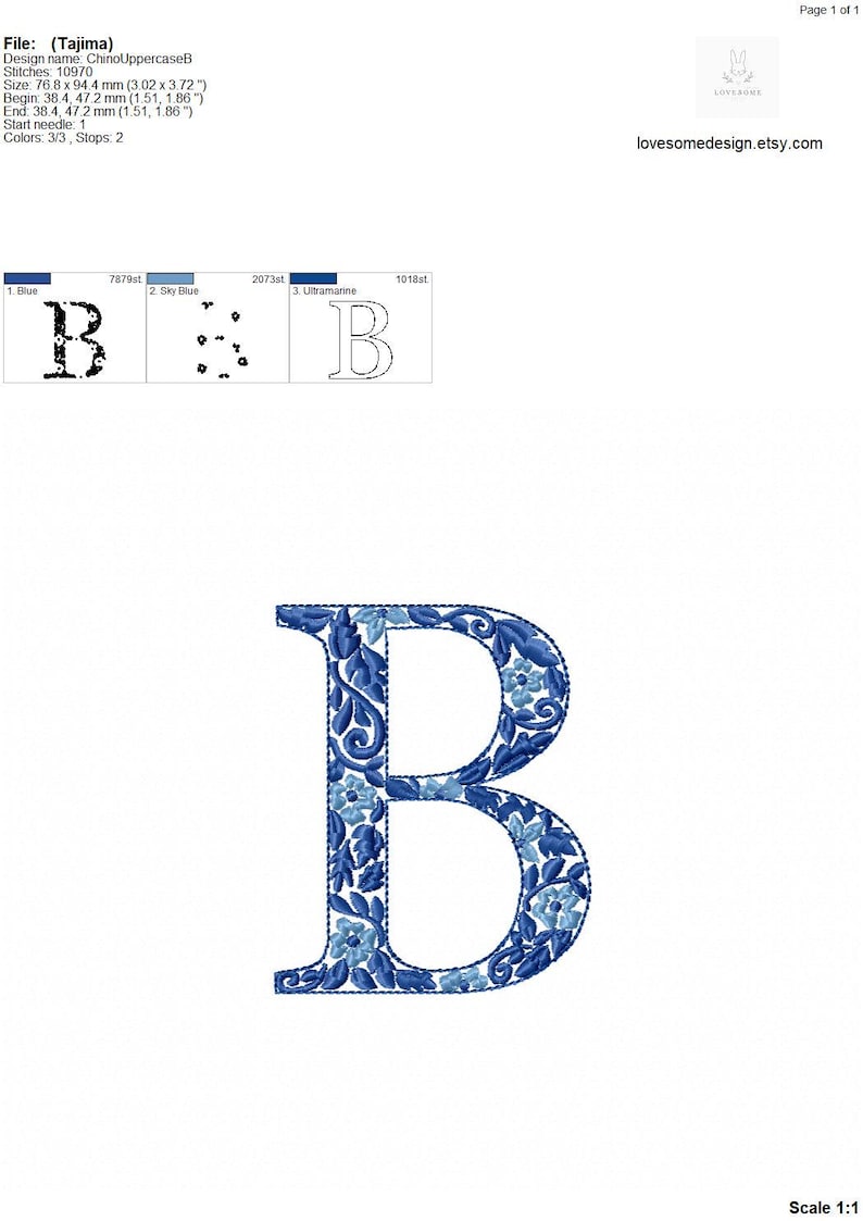 Puede incluir: Un dise&ntilde;o de bordado floral azul de la letra B. El dise&ntilde;o mide 76,8 mm por 94,4 mm e incluye 10.970 puntadas.