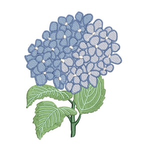 Op de afbeelding: Een blauwe hortensia bloem met groene bladeren. De bloem is in bloei en heeft een delicate, vrouwelijke uitstraling.