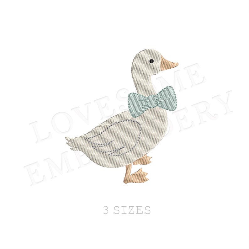 May include: An embroidered design of a goose wearing a light blue bow tie. The goose is white with tan feet and beak. The text "3 SIZES" is below the goose.