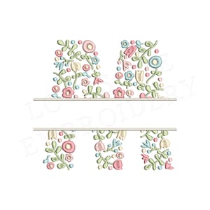 NUEVA letra floral dividida M 4 pulgadas diseño de bordado de máquina flores delicadas fuente dividida en colores primaverales descarga digital / diseño encantador