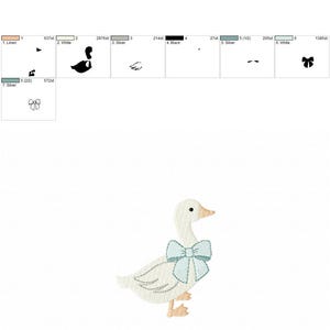 May include: A white goose with a light blue bow around its neck. The goose is standing on a white background.