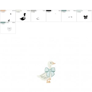 May include: Embroidered design of a white goose with a light blue bow. The design is 42.3 mm by 50.2 mm and has 3839 stitches.