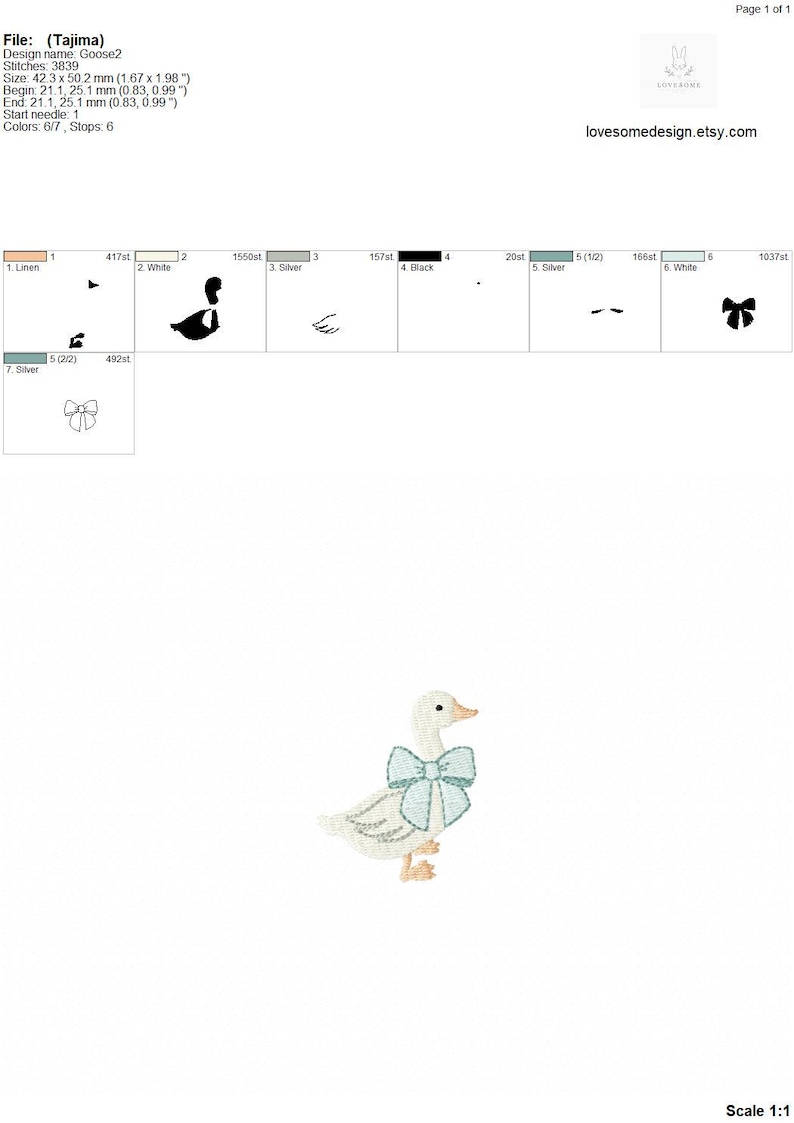 May include: Embroidered design of a white goose with a light blue bow. The design is 42.3 mm by 50.2 mm and has 3839 stitches.