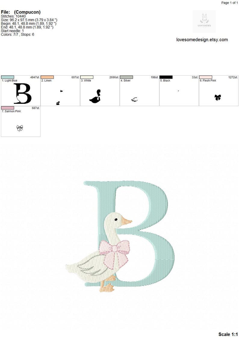以下が含まれることがあります： 水色の文字「B」とピンクのリボンをつけた白いガチョウが特徴の刺繍デザイン。刺繍プロジェクトに適しています。画像にはEtsyショップのURLが含まれています。