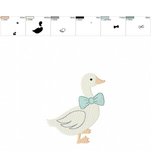 May include: An embroidered design of a white goose wearing a light blue bow tie. The goose has an orange beak and feet. The design is for embroidery and is approximately 3.24 inches wide and 3.86 inches high.