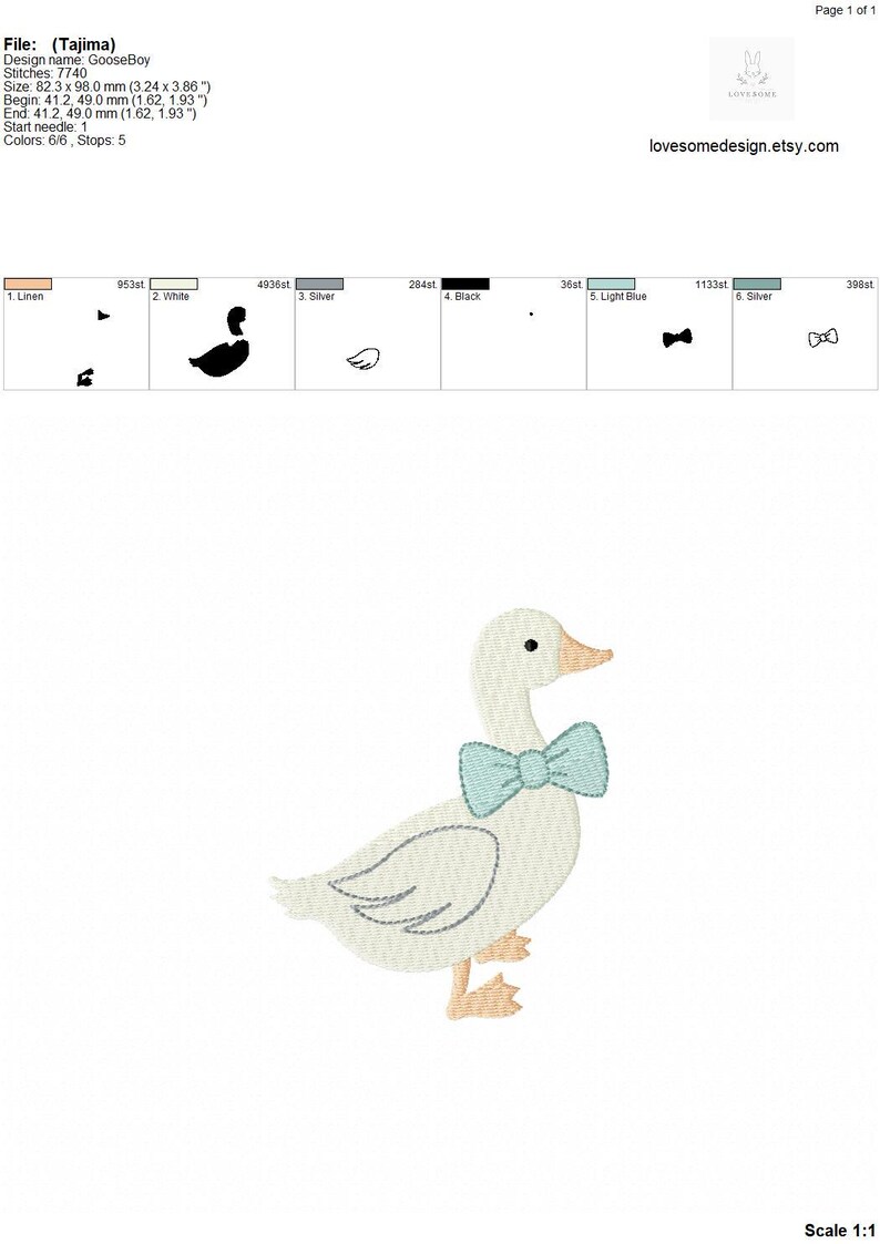 May include: An embroidered design of a white goose wearing a light blue bow tie. The goose has an orange beak and feet. The design is for embroidery and is approximately 3.24 inches wide and 3.86 inches high.