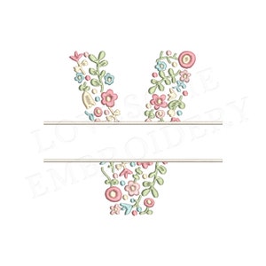 NUEVA letra floral dividida V 4 pulgadas diseño de bordado de máquina flores delicadas fuente dividida en colores primaverales descarga digital / diseño encantador