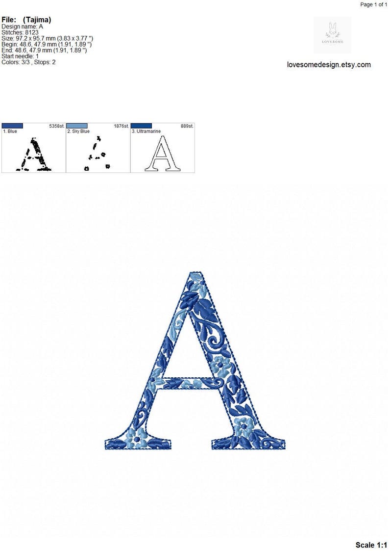 Puede incluir: Un dise&ntilde;o de bordado floral azul y blanco de la letra A. El dise&ntilde;o mide 97,2 mm por 95,7 mm.