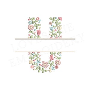 NUEVA letra floral dividida U 4 pulgadas diseño de bordado de máquina flores delicadas fuente dividida en colores primaverales descarga digital / diseño encantador