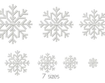 Op de afbeelding: Zeven verschillende maten witte sneeuwvlok uitsnijdingen. De sneeuwvlokken zijn gerangschikt in een rij van groot naar klein.