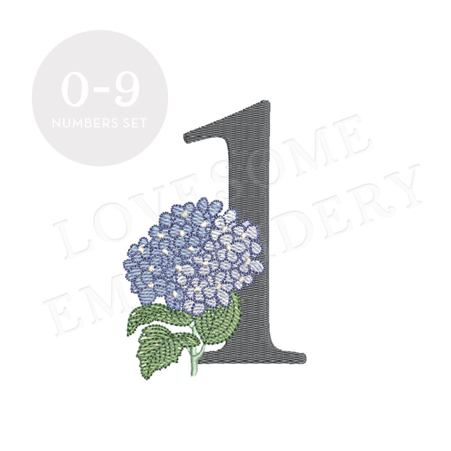 Hydrangea Numbers 5inch A-Z Machine Embroidery Font Elegant Flower