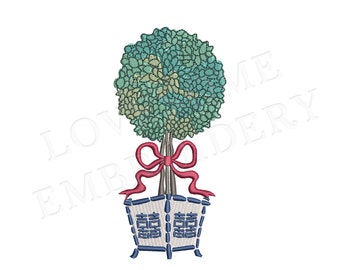 Chinoiserie Topiary 4X4 Embroidery Design, Chinoiserie Chic Topiary in a Bamboo Pot with Bow Digital Download | Lovesome Design