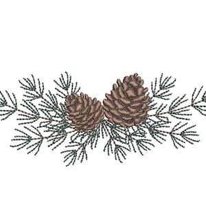 Puede incluir: Diseño bordado de dos piñas marrones en una rama de pino verde.