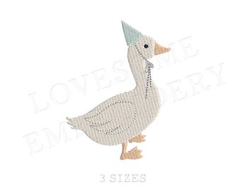 Cute Silly Goose Mini Three Sizes Machine Embroidery Design, Lovely Goose with Party Hat Multiple Size Embroidery File | Lovesome Design