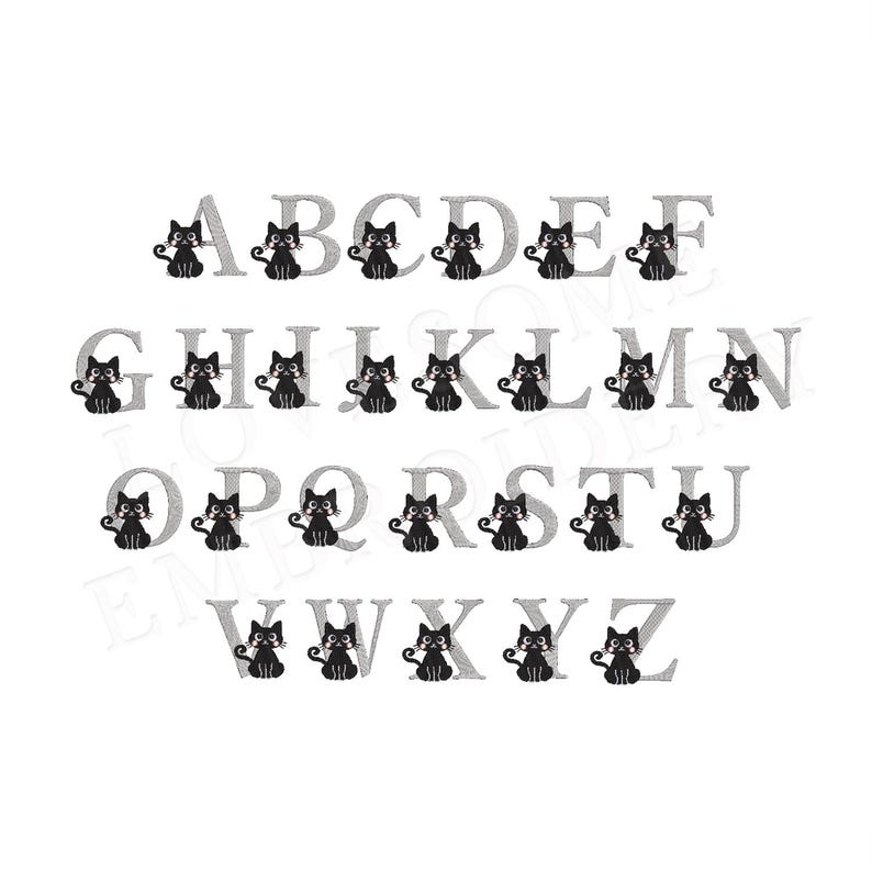 May include: Black cat alphabet letters A through Z with a black cat illustration in front of each letter. The letters are in a silver gray color.
