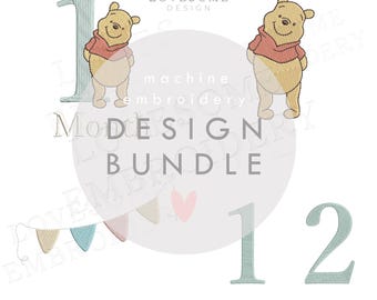 BUNDLE Pooh Bear Baby Milestones ALL SIZES Machine Embroidery Design Bundle (Digital Download)  | Lovesome Design