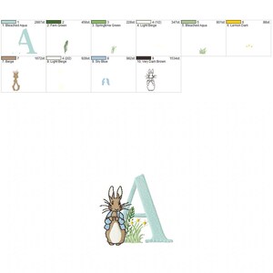 Peut inclure: Broderie de la lettre A avec un personnage de Lapin de P&acirc;ques en veste bleue debout &agrave; c&ocirc;t&eacute;. La lettre est bleu clair et le fond est blanc.