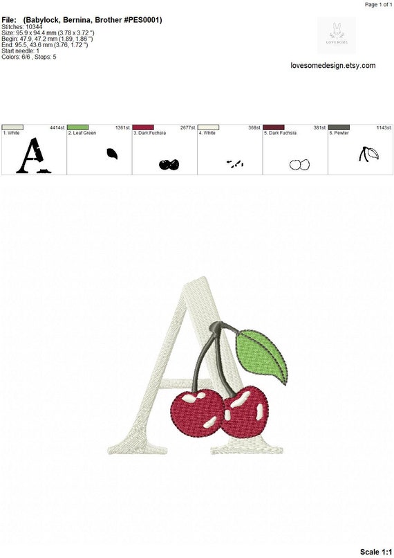 Cherry Monogram 4inch A-Z Machine Embroidery Font Red Cherries