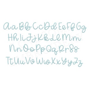 May include: A turquoise blue alphabet in a cursive font. Each letter is made up of small, round, turquoise blue beads.