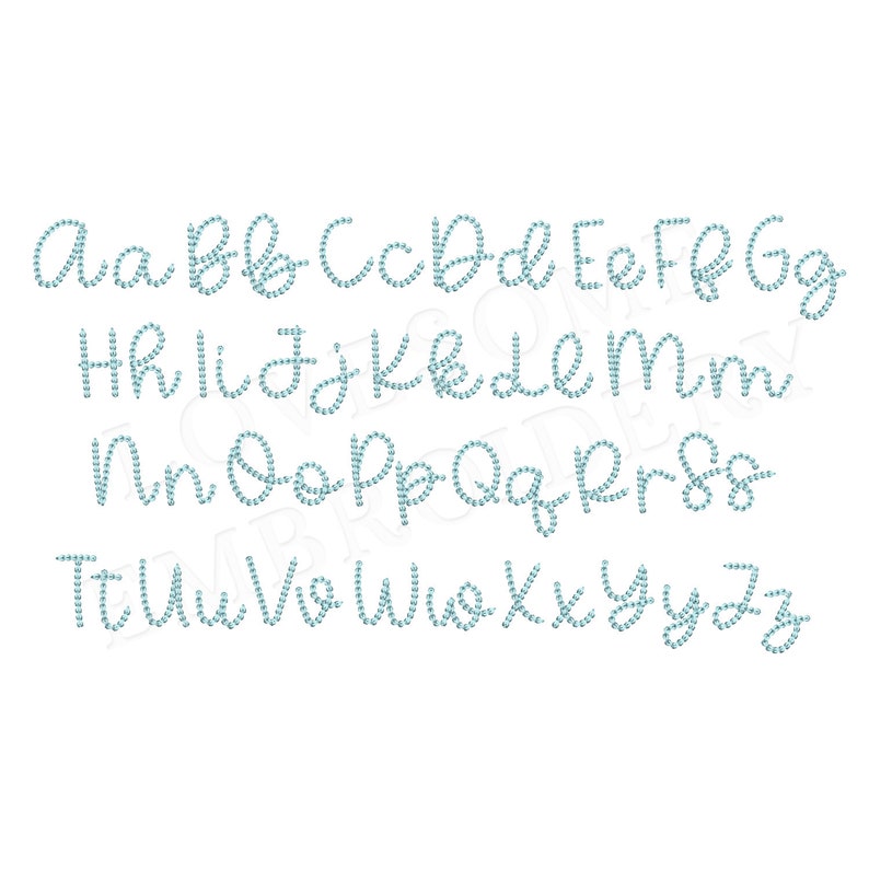 May include: A turquoise blue alphabet in a cursive font. Each letter is made up of small, round, turquoise blue beads.