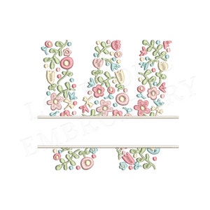 NOVA letra floral dividida W 4 polegadas design de bordado à máquina flores delicadas fonte dividida em cores de primavera download digital | Design adorável