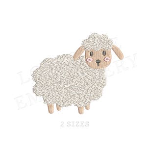 May include: An embroidery design of a fluffy white sheep with a tan face, dark eyes, a small black nose, and pink cheeks. The sheep has textured wool detailing on its body and head, with four small tan legs visible at the bottom of the design.