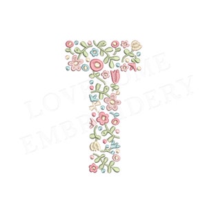 NUEVA letra floral T 4 pulgadas diseño de bordado de máquina letras de flores delicadas en colores primaverales descarga digital / diseño encantador
