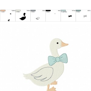 May include: An embroidered design of a white goose wearing a light blue bow tie. The goose has a light orange beak and feet. The design is on a white background and is suitable for embroidery projects.