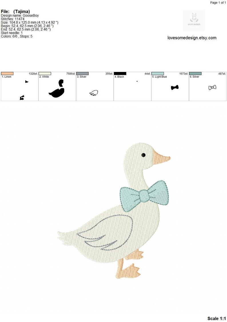 May include: An embroidered design of a white goose wearing a light blue bow tie. The goose has a light orange beak and feet. The design is on a white background and is suitable for embroidery projects.
