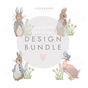 May include: A machine embroidery design bundle featuring four illustrations: three brown rabbits in blue or pink jackets and one duck in a bonnet and pink shawl, all accompanied by small yellow flowers. The text reads LOVESOME DESIGN machine embroidery DESIGN BUNDLE.