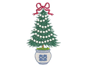 Chinoiserie Holiday Tree 6x10 Ricamo Design, Chinoiserie Chic Albero di Natale con fiocco in un vaso Download digitale / Design amorevole