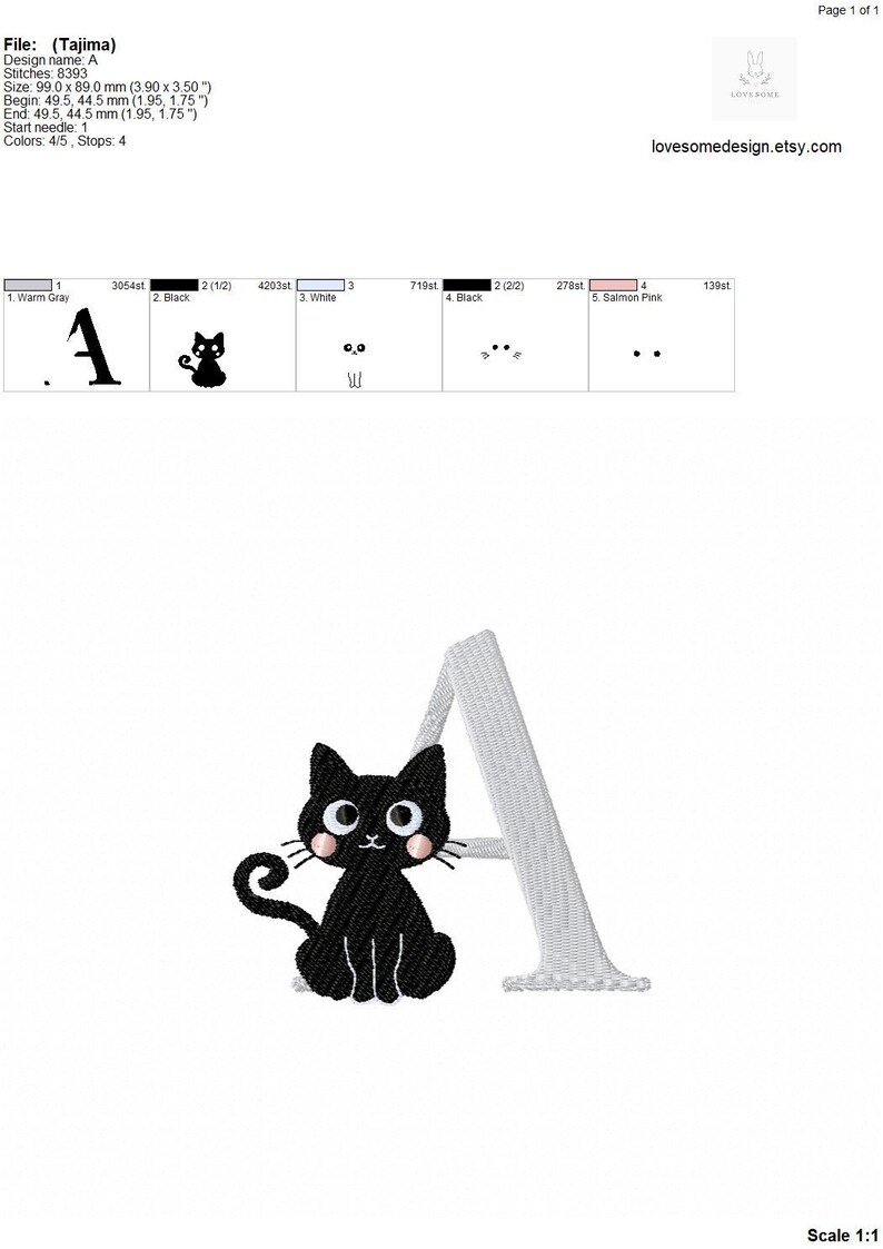 May include: Embroidered design of the letter A with a black cat sitting next to it. The cat has white eyes and pink cheeks. The letter A is gray.