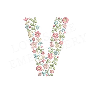 NUEVA letra floral V 4 pulgadas diseño de bordado de máquina letras de flores delicadas en colores primaverales descarga digital / diseño encantador