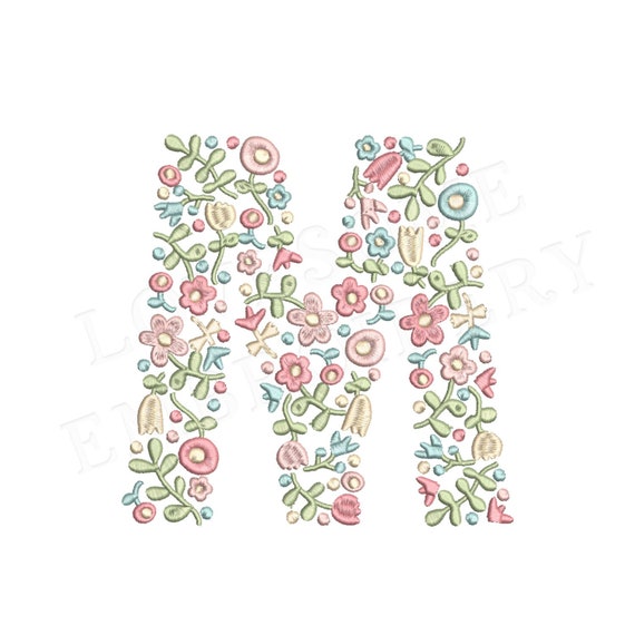 NEW Floral Letter M 8inch A-Z Machine Embroidery Design Dainty
