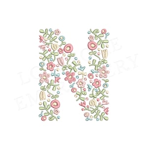 NUEVA letra floral N 4 pulgadas diseño de bordado de máquina letras de flores delicadas en colores primaverales descarga digital / diseño encantador