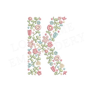 NOVA letra floral K 4 polegadas design de bordado à máquina letras delicadas de flores em cores de primavera download digital | Design adorável