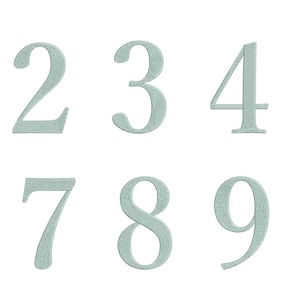 Puede incluir: Un conjunto de diez números, del 1 al 10, en una fuente texturizada azul claro. Los números están dispuestos en dos filas de cinco.