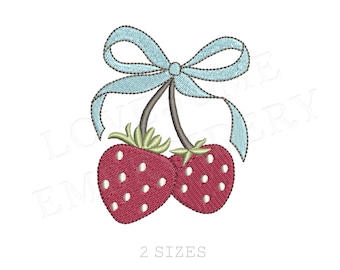 Strawberries Bow Two Mini Sizes Machine Embroidery Design, Lovely Red Pink Cherry Coquette Embroidery Digital File | Lovesome Design