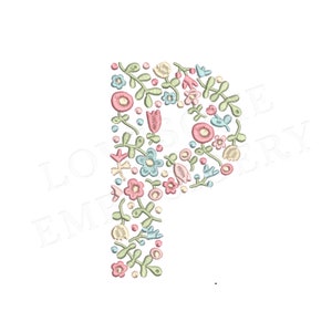 NUEVA letra floral P 4 pulgadas diseño de bordado de máquina letras de flores delicadas en colores primaverales descarga digital / diseño encantador
