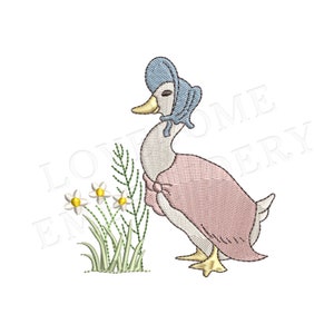 May include: An embroidered design of a goose wearing a blue bonnet and a pink dress. The goose is standing next to a patch of grass with three white and yellow flowers. The design is on a white background.