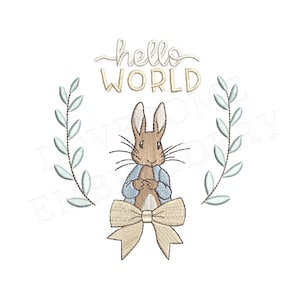 Diseño de bordado a máquina de Peter Rabbit de 4 x 4 con lazo "Hola Mundo", descarga digital / Lovesome Design