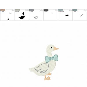May include: An embroidered design of a white goose wearing a light blue bow tie. The goose has a yellow beak and feet, with a detailed stitch pattern. The design is on a white background.