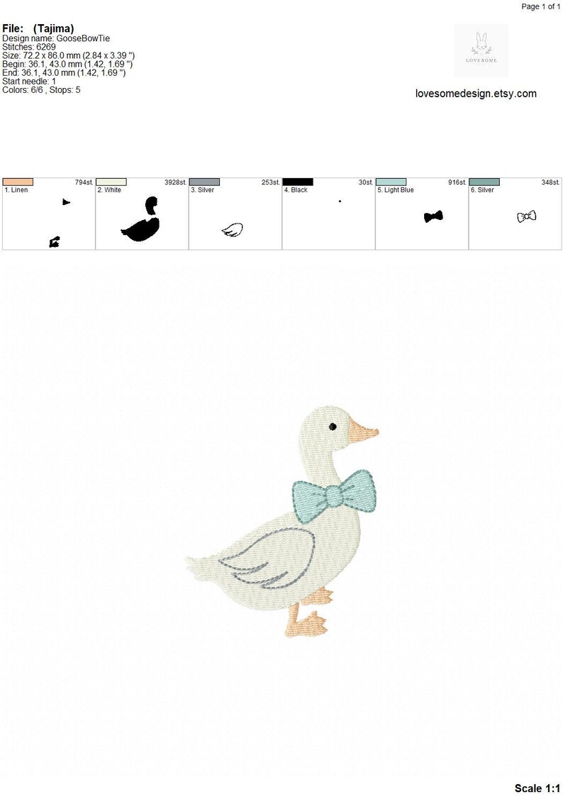 May include: An embroidered design of a white goose wearing a light blue bow tie. The goose has a yellow beak and feet, with a detailed stitch pattern. The design is on a white background.
